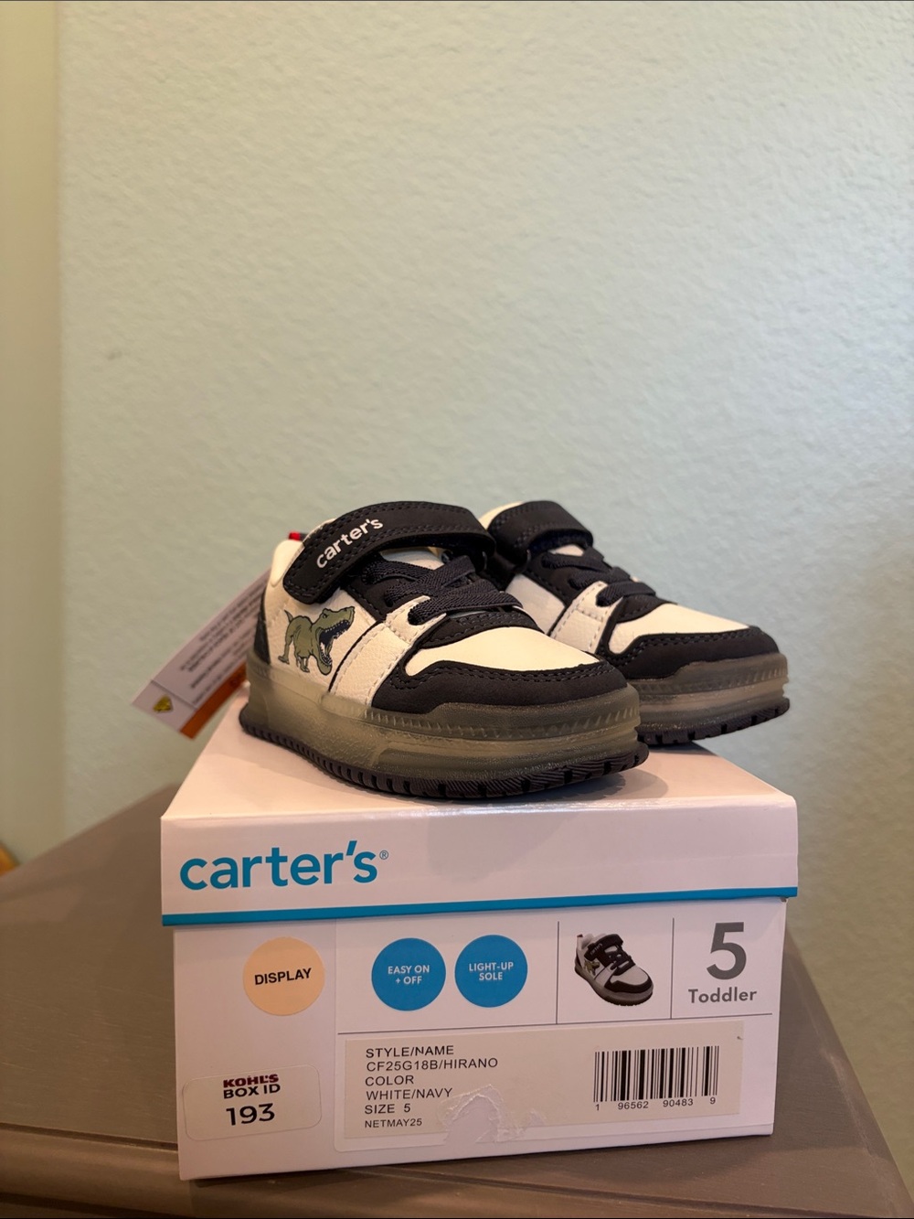 Carter's White and Navy Toddler Light-Up Sneakers with Dino Accent